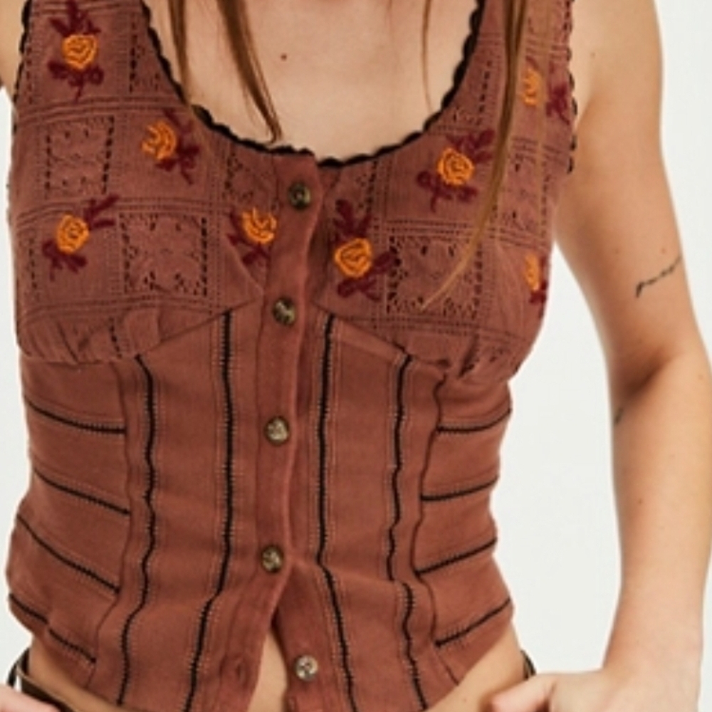 Zara Brown Buttoned Embellished Tank Top